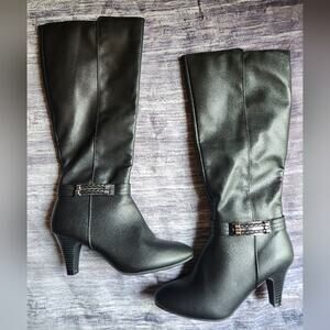 Black Knee High Heel Boots with Buckle Accent, Dressy‎ Fashion Boots